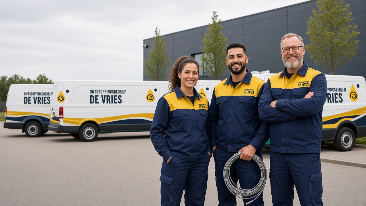 Het team van Ontstoppingsbedrijf De Vries bij de bedrijfsbussen